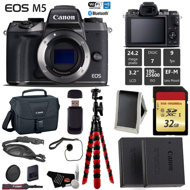 Canon EOS M5 Mirrorless Digital Camera (Black, Body Only) + 32GB Class 10 Memory Card + LED + Canon Camera Case + Flexible Tripod + Extra Battery - Intl Model Canon CNM5BBODYKU2