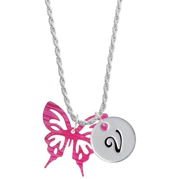 Delight Jewelry Acrylic Medium Cut Out Butterfly Magenta Silvertone Script Initial Disc - V - Charm Necklace, 20"+3"