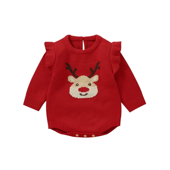 Gupgi Christmas Sweaters for Baby Girl Red Reindeer Romper Ruffle Long Sleeve Newborn Infant Deer Knit Bodysuits
