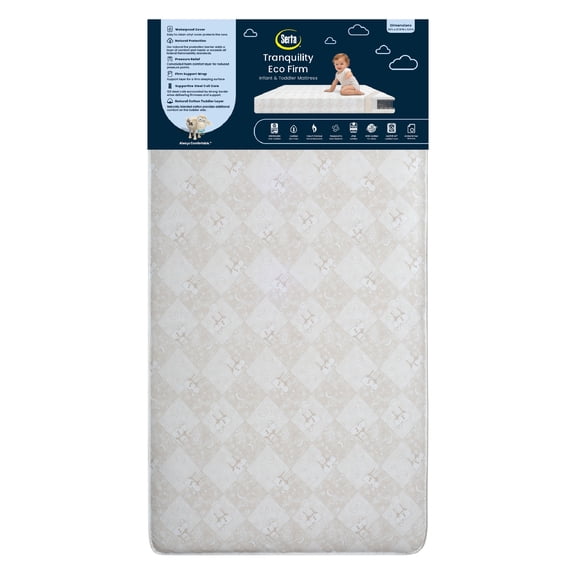 Serta Tranquility Eco Firm 2-Stage Baby Crib and Toddler Mattress - Waterproof Standard Baby Crib & Toddler Mattress - GREENGUARD Gold Certified- 52" L X 27.5" W (50 Year Warranty)