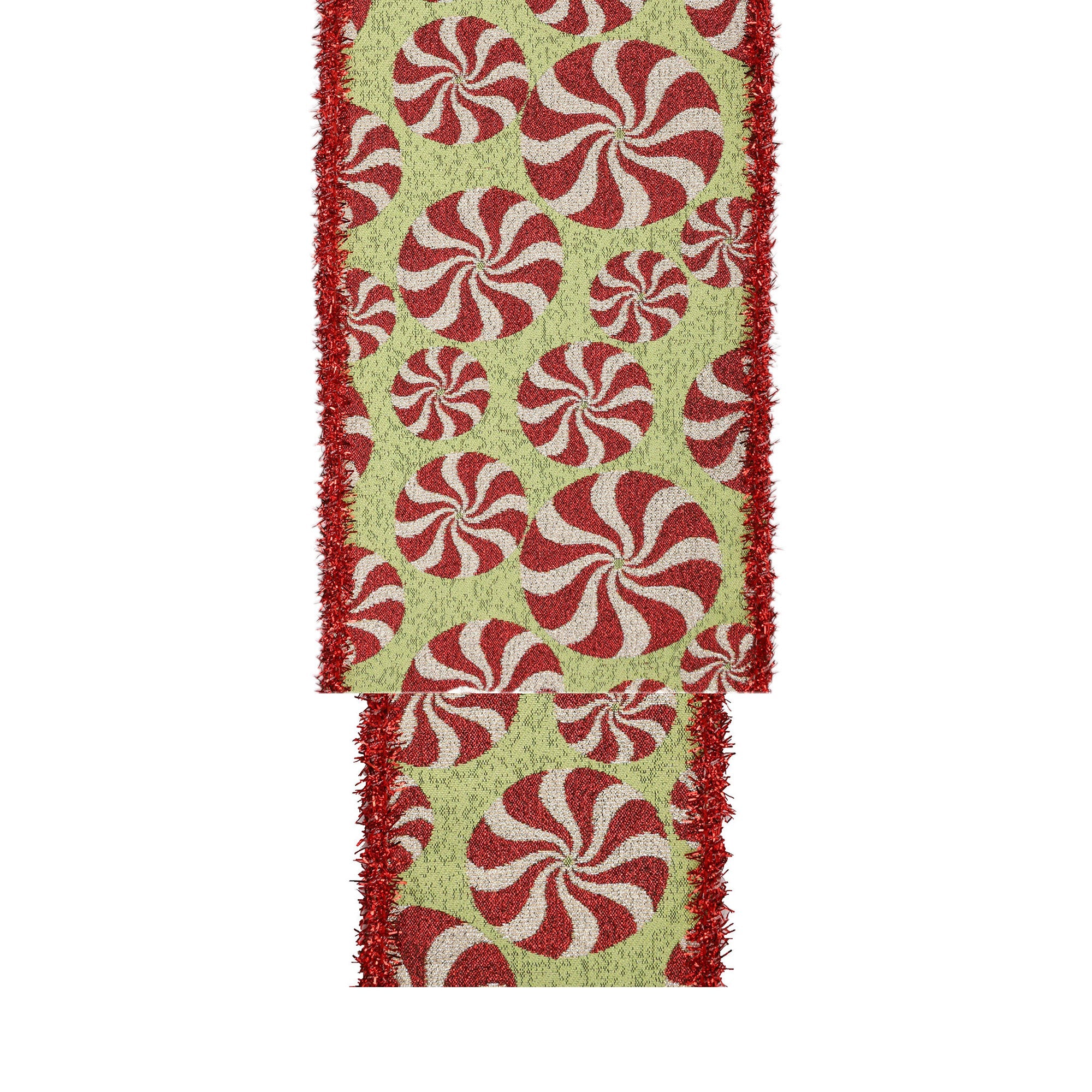 LaRibbons 4" Wired Jacquard Ribbon, Peppermint on Apple Green w/ Tinsel Edge, 5 Yard Roll
