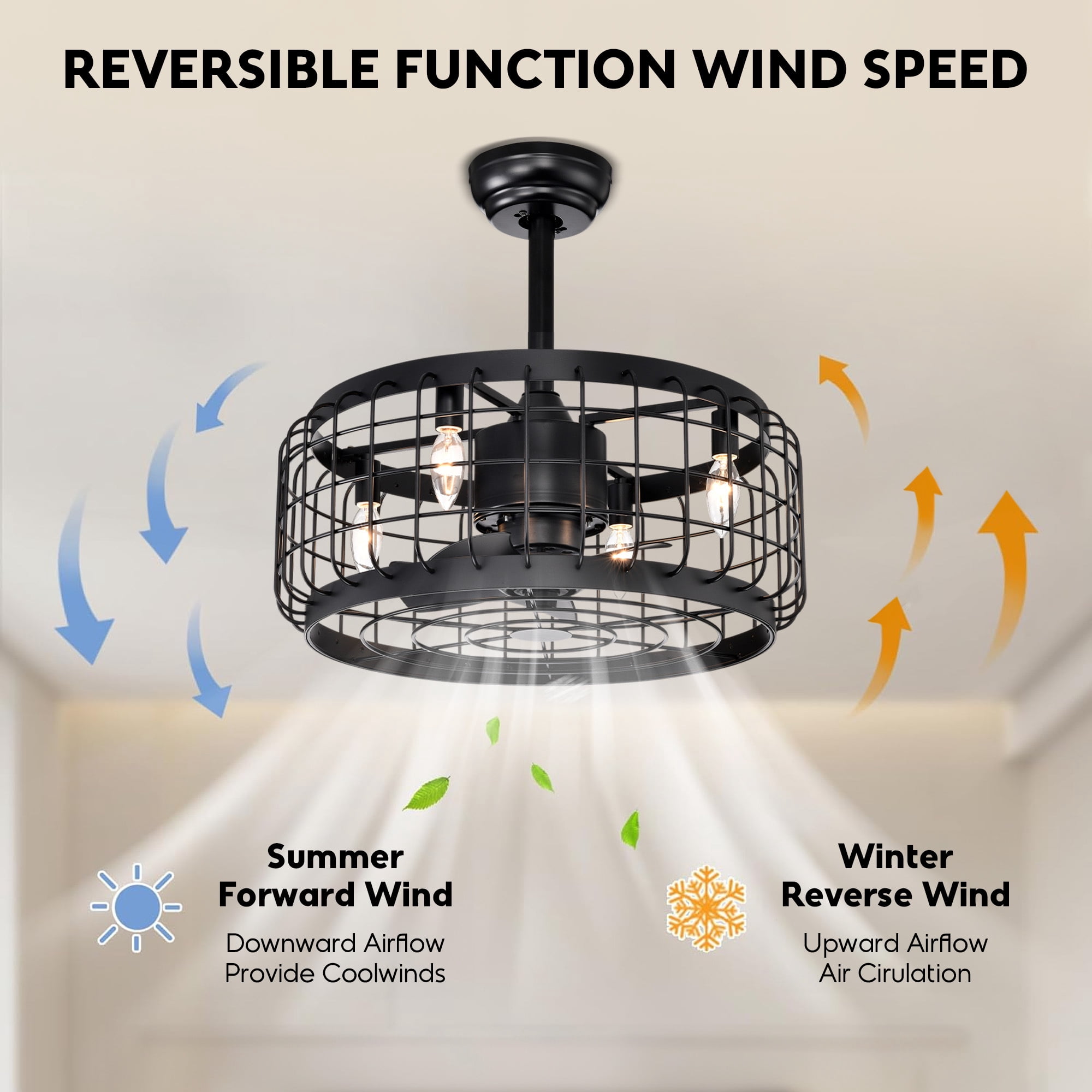 20"Aukfa Ceiling Fan with Light, Cage Ceiling Fan for Bedroom, Kitchen, Living Room with Timing,Black