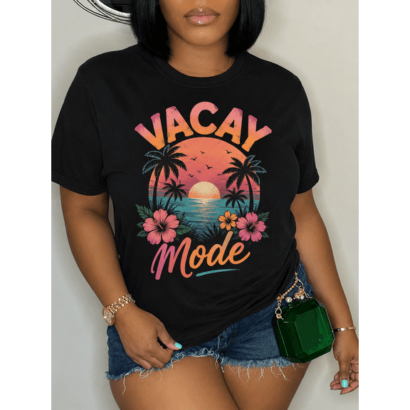 Women's Vacay Mode Graphic T-Shirt Tropical Sunset Palm Tree Beach Vacation Summer Casual Short Sleeve Crewneck Tee