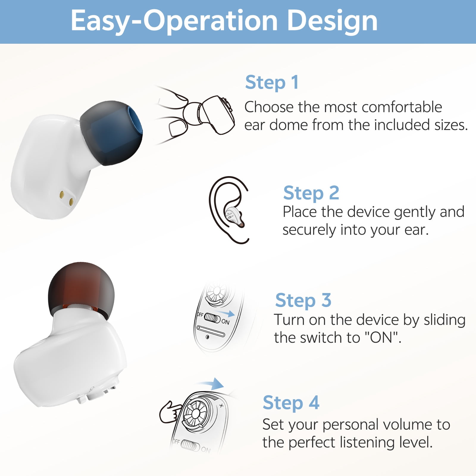 Delmicure Hearing Aids for Seniors Rechargeable with Noise Cancelling, Invisible, VHP-1607, Pair, White