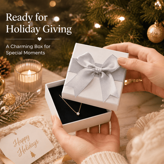 White Gift Box with Gray Bow - Jewelry Storage Box for Earrings, Rings, Necklaces & Bracelets, Elegant Ribbon-Decorated Packaging, Suitable for Gifting & Daily Home Storage, 1pc