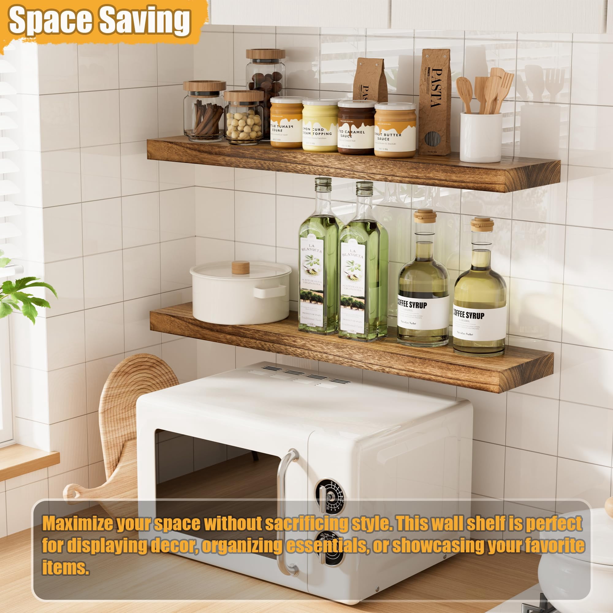 Floating Shelves for Wall Set of 2-Rustic Brown Solid Wood Wall Mounted Shelves,36" Long x 7" Deep x 1.6" Thick,Heavy Duty Shelving for Bedroom, Living Room, Kitchen, Bathroom (16inch)