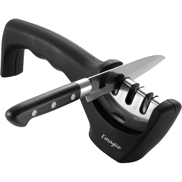 Afilador manual de cuchillos 3 etapas con varillas de cerámica, diamante y tungsteno. Restaura y pule todo tipo de cuchillos. Base antideslizante y mango ergonómico. Ideal para cocina.