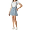 thumbnail image 1 of Unique Bargains Jupe à Bretelles Mini Décontractée pour Femme en Coton Lavé, Boutonnée devant, Ligne a, Bleu G, 1 of 7