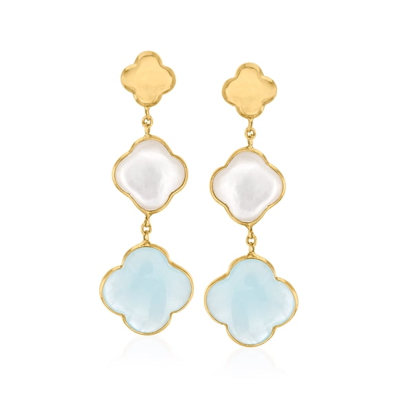 Ross-Simons Italian Mother-Of-Pearl and 5.00 ct. t.w. Aquamarine Clover Drop Earrings in 14kt Yellow Gold, Women's, Adult