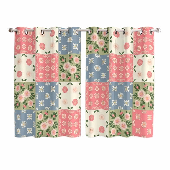 Japanese Style Kitchen Curtains Window Panels, Colorful Patchwork Flowers Leaves Plaid Insulated Window Treatment Curtain, Grommet Curtains for Bedroom/Living Room/Bathroom, 2 Piece 52"Wx72"L