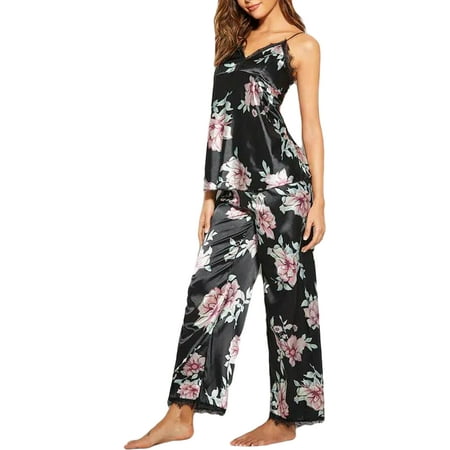 

Spring hue Women Sleeveless Black Lace Floral Nightwear Pyjamas 2PCS Sets