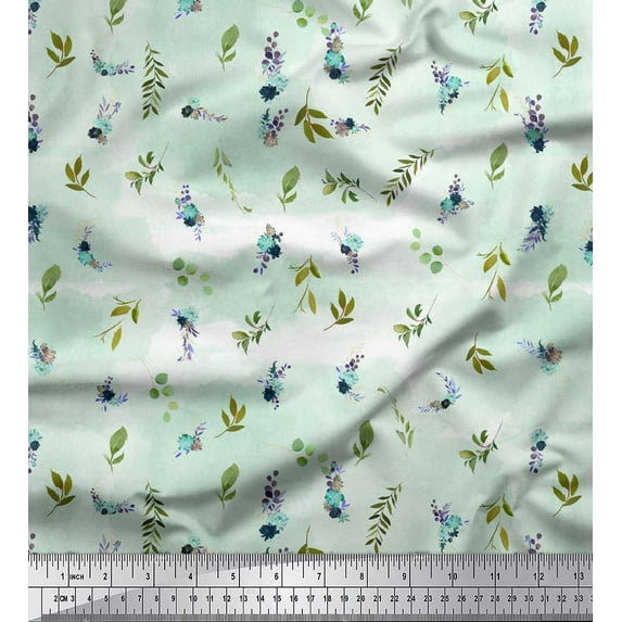 Soimoi Green Poly Georgette Fabric Floral & Leaves Print Fabric by the Yard 52 Inch Wide