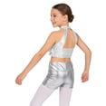 thumbnail image 2 of TSSOE Kids Girls 2-Piece Dance Outfits Sparkly Halter Sequins Crop Top with Metallic Shorts Set Activewear Silver 8, 2 of 7
