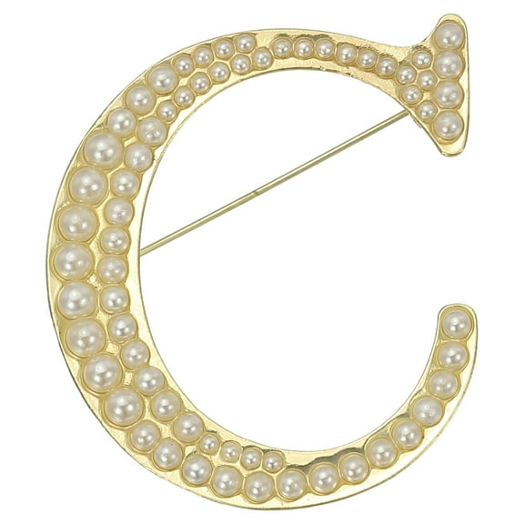Uxcell Letter Brooch Pins, Pearl Initial Rhinestone Alphabet C Letter Lapel Badges Pin for Women, Gold Tone