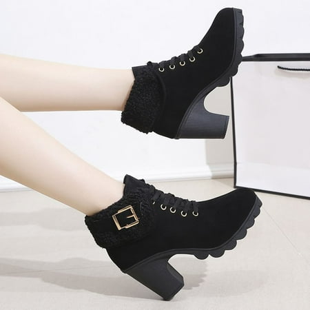 

XDDST Women Boots Ankle-High Medium Heel Autumn High Heeled Single Boots with Belt Buckles for Women Thick Heeled Short Boots Round Toe Boots Women s Lace Up and Boots Boots Black