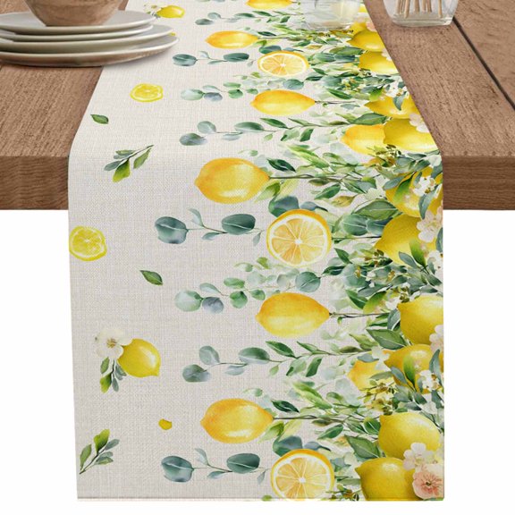 nqOlkjepod Summer Lemon Table Runner 70 Inches Long Farmhouse Dress Scarves, Eucalyptus Flower Leaf Retro Botanical Dining Tablerunner for Coffee Table/Kitchen Island/Party Décor, 13" x 70"
