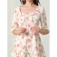 thumbnail image 2 of Unique Bargains Robe Courte à Étages pour Femme à Imprimé Floral, Col Noué, Manches 3/4, 2 of 6