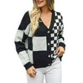 thumbnail image 3 of Womens Color Block Plaid Button Down Cardigan Long Sleeve Cable Knit Checkered Sweaters Tops Y2k Aesthetic Clothes Black S, 3 of 10