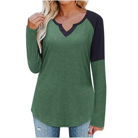 

Ichuanyi Womens Fall Tops Clearance Women V Neck Long Sleeve Solid Comfortable Splicing Blouse Tops