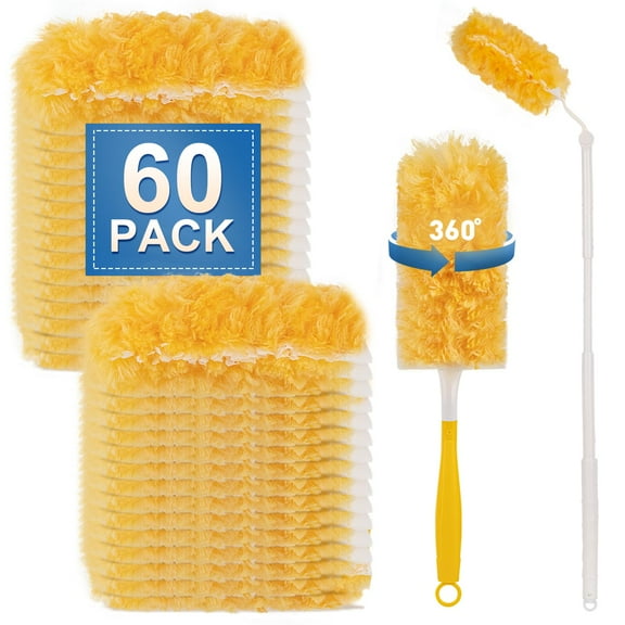 Heavy Duty Duster Refills, 60 pcs with Extended Handle & 1 Handle, 5X Microfibers Disposable Duster Kit for Cleaning, 360° Multi Surface Refills