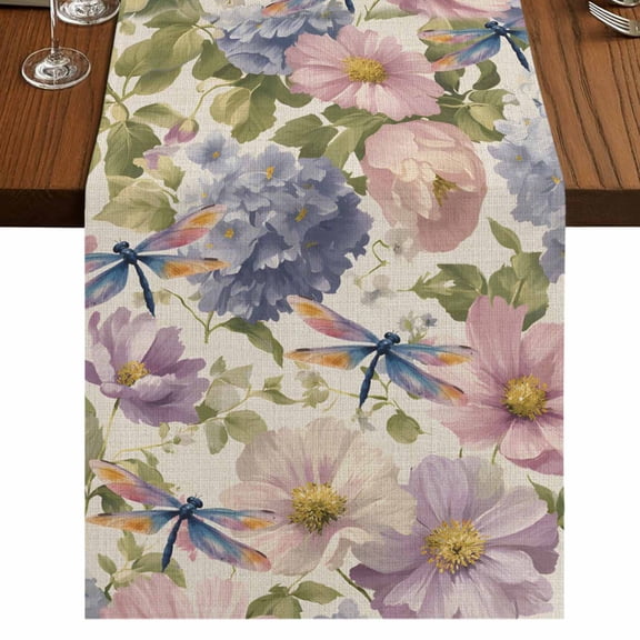 Table Runners 70 Inches Long Dress Scarves, Vintage Flowers Farmhouse Coffee/Dining/Kitchen Table Decor, Holiday Table Runner, Spring Watercolor Floral Dragonflies Beige 13x70 Inch