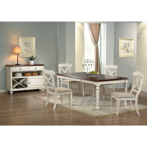 Extendable Dining Set - 6 Piece Rectangular Table & Chairs - Antique White & Chestnut Brown - Seats 8