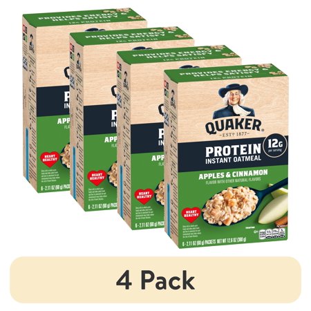 (4 pack) Quaker Protein Instant Oatmeal, Apples & Cinnamon, 12g Protein per Serving, Whole Grains, 2.11 oz Packets, (6 Pack)