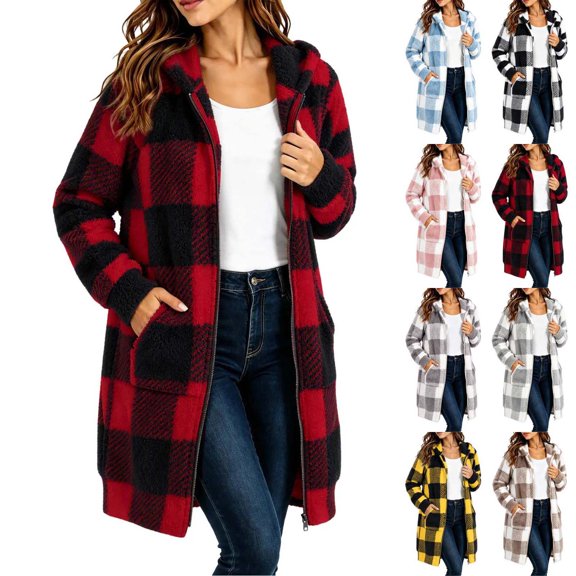 Xaqiouau Womens Plaid Sherpa Jacket Fleece Hooded Coat Zip Up Long Sleeve Buffalo Check Teddy Jacket Warm Winter Outerwear with Pockets