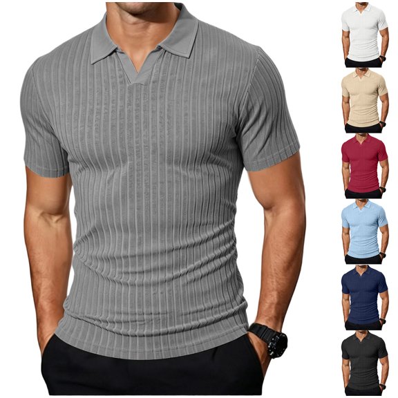 KLHDSF Collared Muscle Polo Shirts for Men Slim Fit V Neck Short Sleeve Ribbed Knit, Stretch, Textured, Athletic, Dress Shirt, Lightweight, Fitted Tee Black L