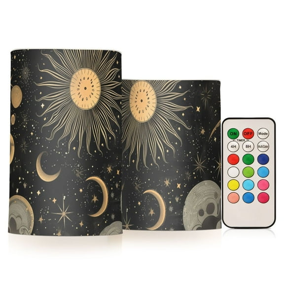 Sun and Moon Stars Waves Flameless Candles LED Lights Battery Operated Candles with Remote and Timers Flicker Lights Votive Set of 2