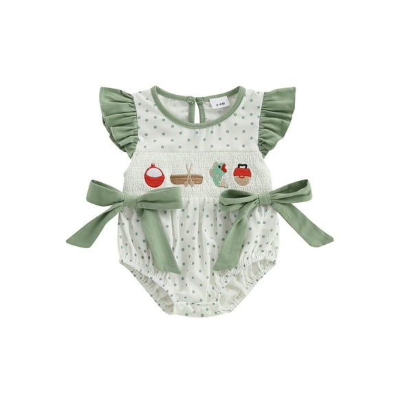 Miaouyo 0-18 Months Infant Baby Girl Summer Romper Flying Sleeve Round Neck Jumpsuit Fish Embroidery Bubble Bodysuit