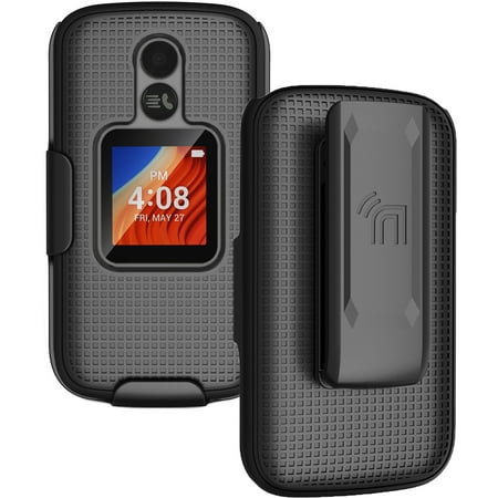 Case with Clip for Alcatel TCL Flip 2 Phone, Nakedcellphone [Grid Texture] Slim Hard Shell Cover and [Rotating/Ratchet] Belt Hip Holster Holder Combo for T408DL / TFALT408DCP - Black