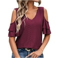 thumbnail image 4 of Plebaso Women's Cold Shoulder Tops Summer V Neck Casual Eyelet Loose Tunic Blouse Vacation Beach Clothes, 4 of 5
