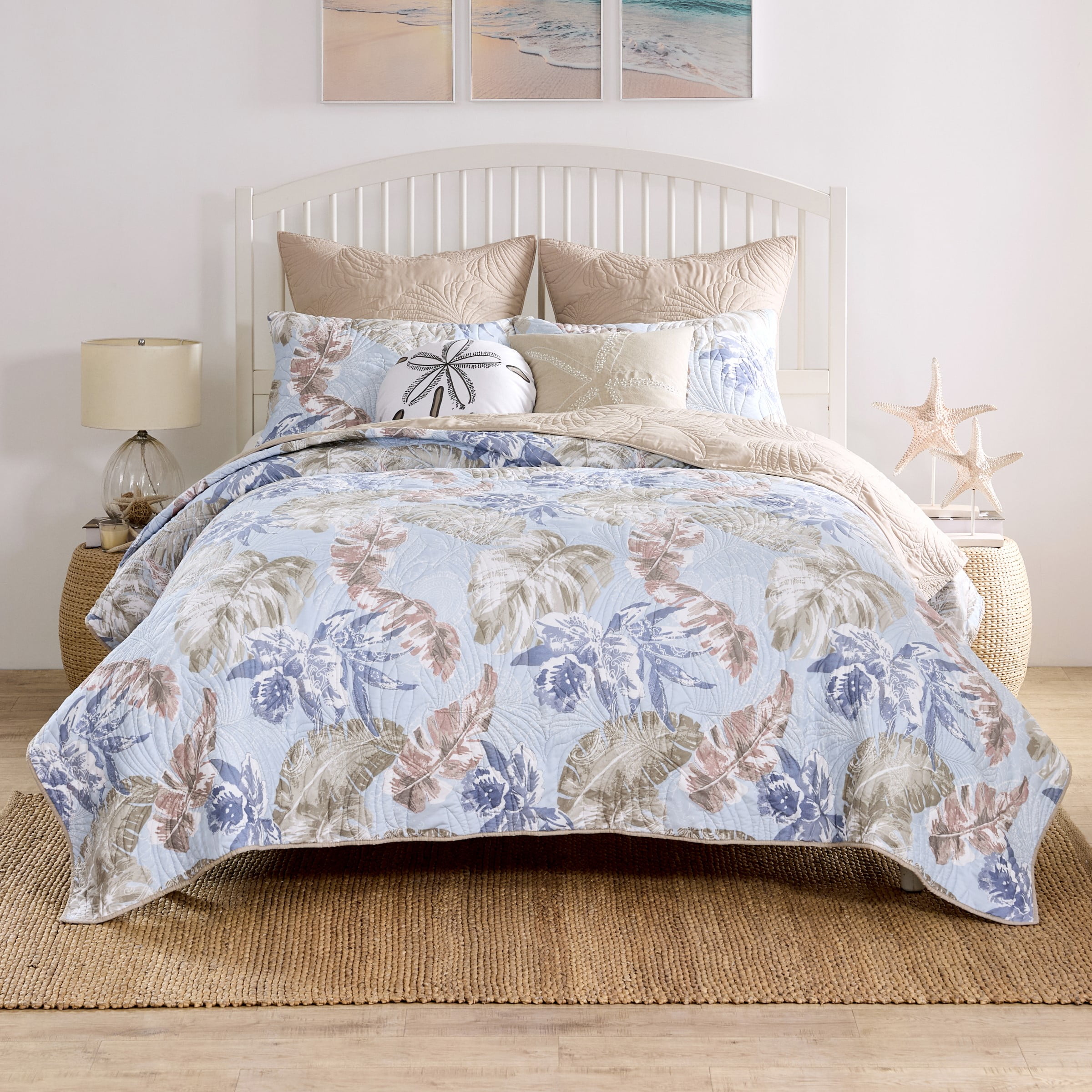 Greenland Home Fashions Tropics Coastal Paradise Quilt Set, 3-Piece Full/Queen, Mist