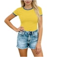 thumbnail image 3 of Kinrui Short Sleeve Fitted T-Shirts for Women Denim Patchwork Trim Casual Summer Tops Yellow S, 3 of 6