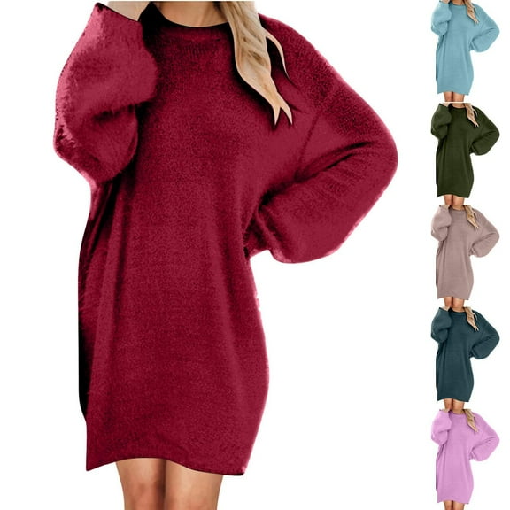 Ashirexll Womens Fall Dresses, Long Sleeve Dress for Women, Ladies' Mid-Length Casual Dresses Long Sleeve Round Neck Loose Plush Dress