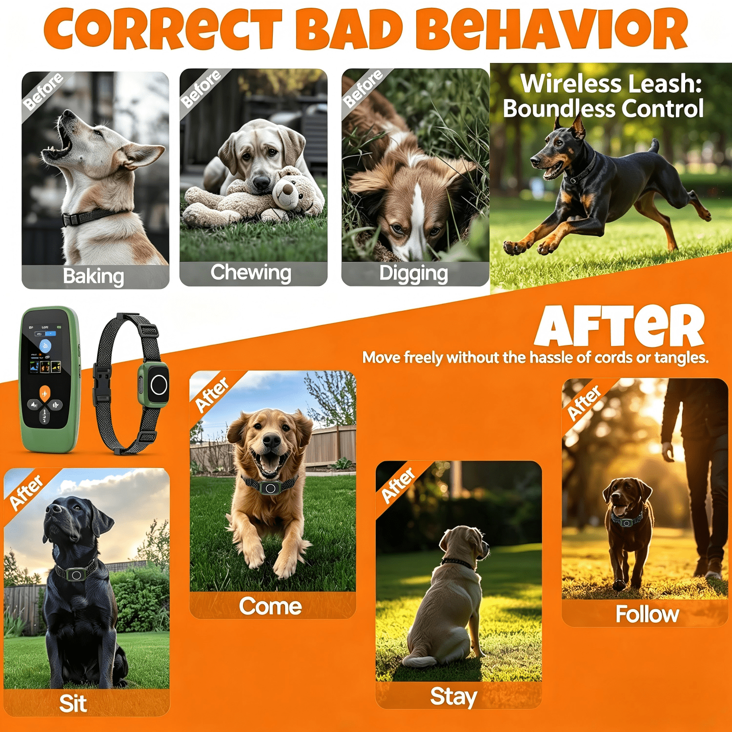 Wireless Dog Fence System，4-in-1 Electric Dog Training Collar with Remote, Bark Control, Status Monitor IPX7 Waterproof Electric Fence for Medium Large Dogs Outdoor Use