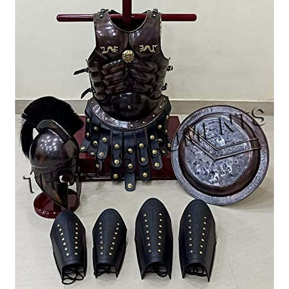 Medieval Dark Copper Muscle Jacket Armor Greek Helmet W/Black Plume Leather Leg & Arm Guard Shield Unique Style Costume