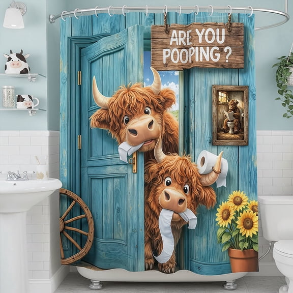 Funny Highland Cow Shower Curtain, Are You Pooping Bathroom Decor, Blue Rustic Wooden Door Bath Curtain for Bathroom, Waterproof Washable Fabric Shower Curtain Set with Hooks,72X72in