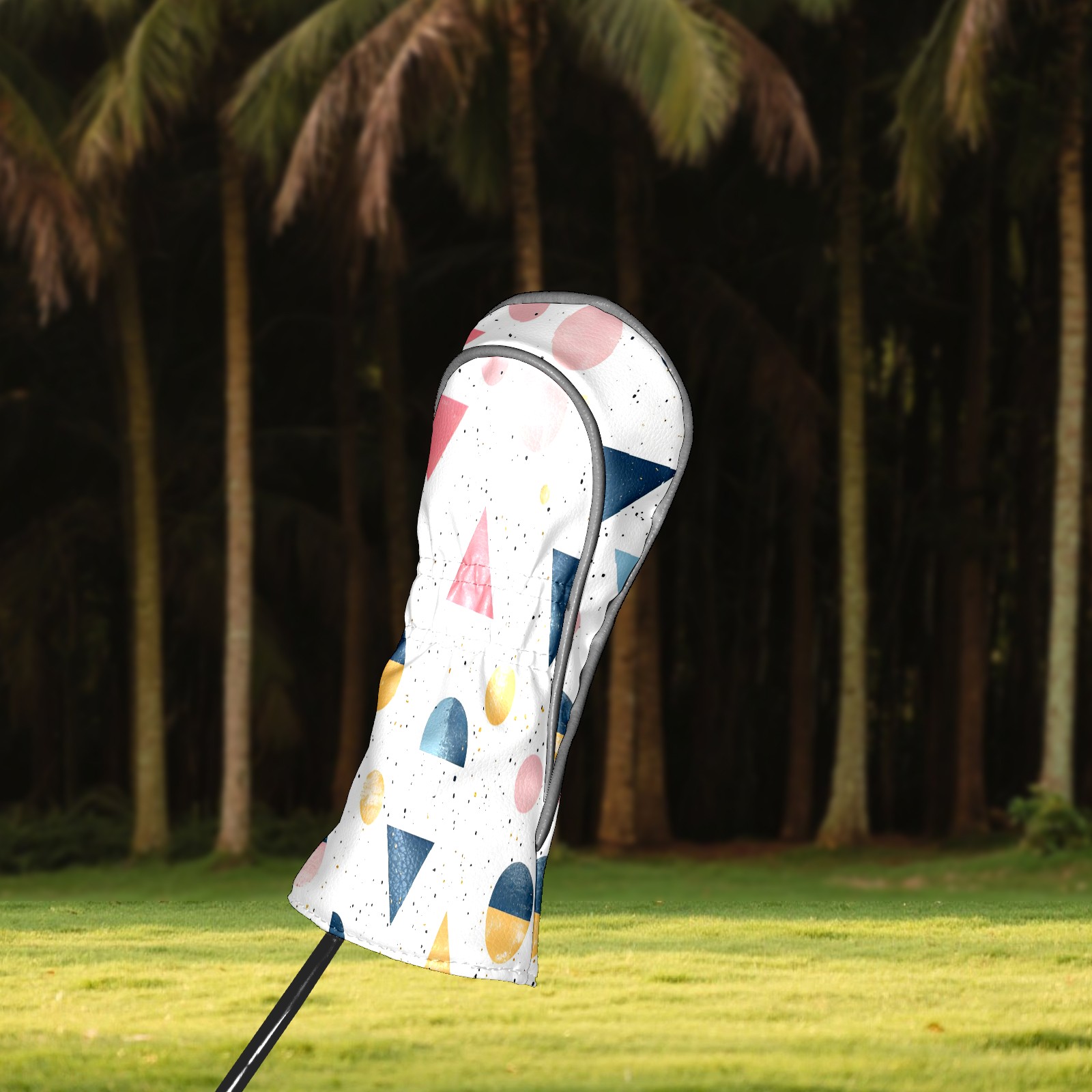 Golf Club Covers, White Colorful Geometry Premium PU Leather Driver Hybrid Putter Head Covers with Velvet Lining, Waterproof Golf Gifts for Men Women