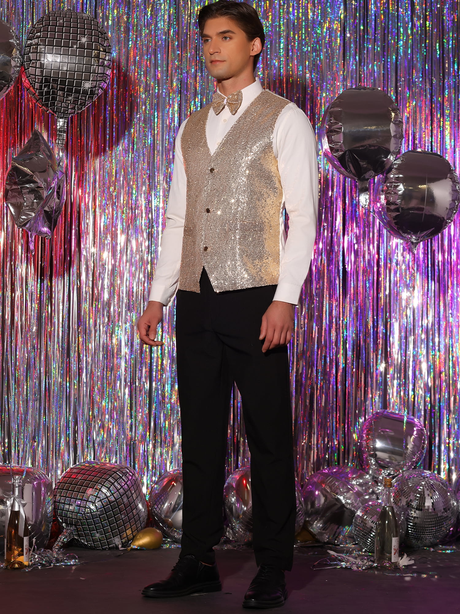 Unique Bargains Men's Disco Shiny Sequin Vest Suit Waistcoat Set with Bow Tie M Champagne