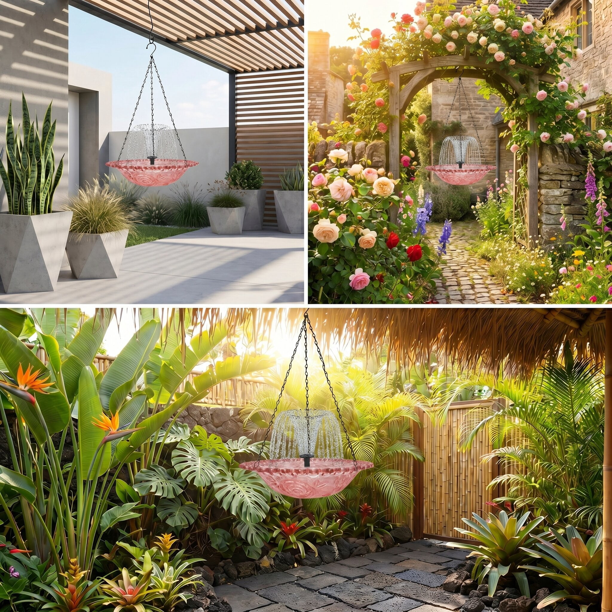 Fuebueo Solar Powered Hanging Bird Bath with Floating Fountain, Durable Birdbath for Outdoor Garden Decor, Hummingbird Bath with Solar Water Pump, Red
