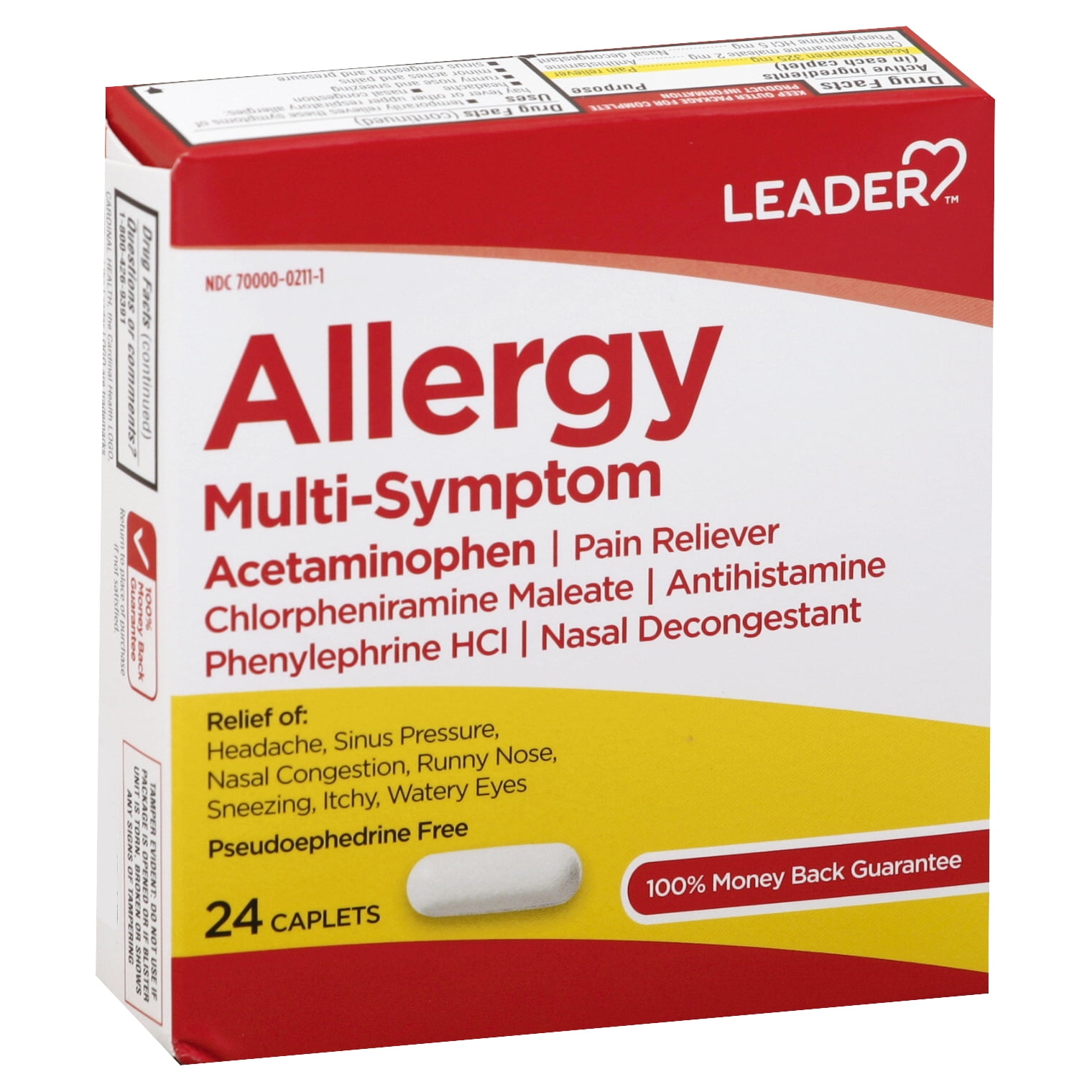 Leader Allergy Multi Symptom Acetaminophen Pain Reliever Caplets, 24 Ea, 2 Pack