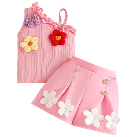 vigerkar Girls 2 Piece Outfits Cute Flowers Sleeveless One Shoulder Top with Shorts Set Summer Clothes for 1-3 T (Pink, 9-12 Months)