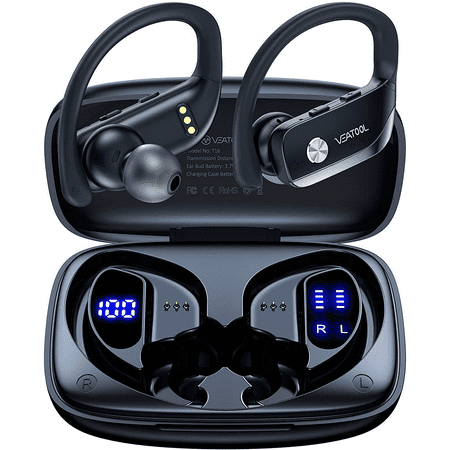 Wireless Earbuds, Bluetooth 5.0 True Wireless Headphones Sports Bluetooth Earphones Over-Ear Noise Cancelling Earbuds with LED Display Over-Ear Buds with Earhooks Built-in Mic Headset for Workout