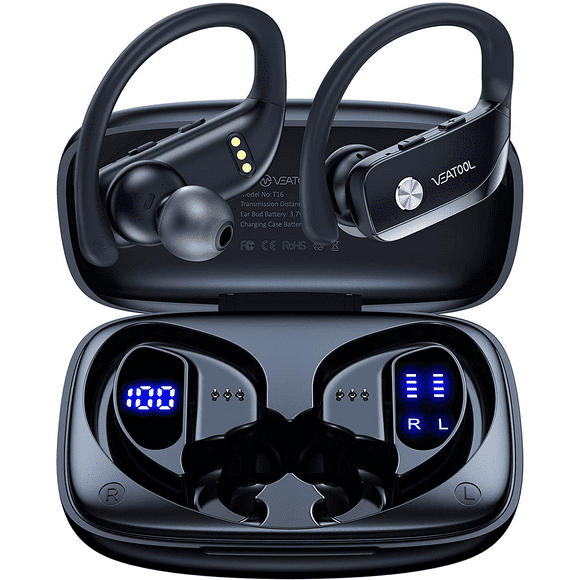 Bluetooth 5.0 True Wireless Headphones Sports Bluetooth Earphones Over-Ear Noise Cancelling Earbuds with LED Display Over-Ear Buds with Earhooks Built-in Mic Headset for Workout