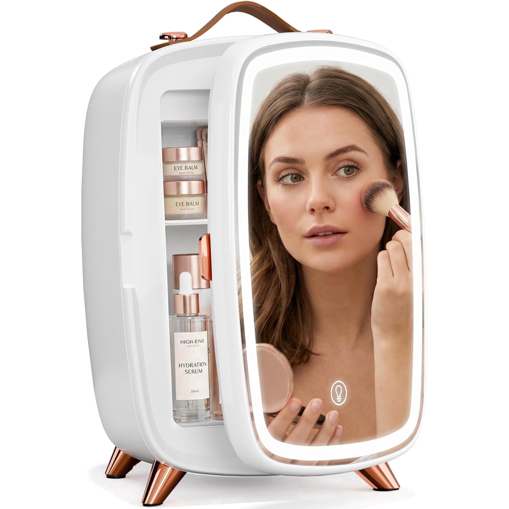 FREE VILLAGE Mini Fridge for Bedroom,6 Liter/9 Can Skincare Fridge With LED Mirror & Leather Carrying Handle,12v AC/DC Cooler Portable Small Refrigerator for Drinks,Makeup,Dorm,Office and Car(White)