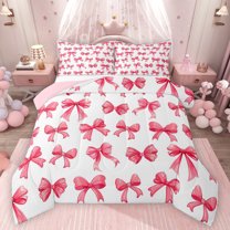 Feelyou Fashion Cartoon Bow Queen Comforter Set, Cute Princess Ribbon Bedding Sets, Pink Butterfly Knot Reversible Bedding Comforter Set, Microfiber Bedroom Decor, 3-Piece