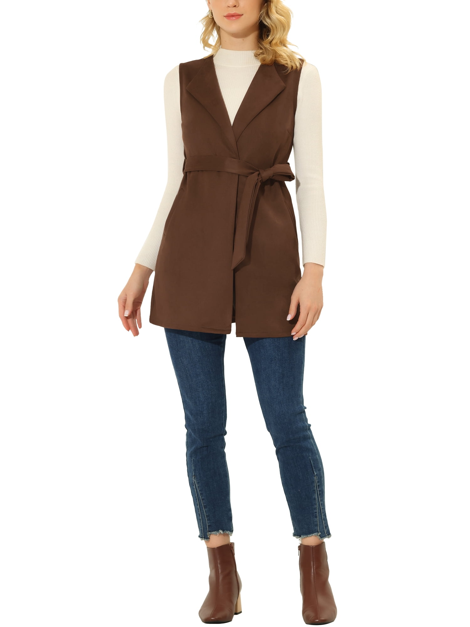 Allegra K Women's Suede Vest Cardigan Belted Long Jacket Sleeveless Blazer  X-Small Brown at  Women's Coats Shop