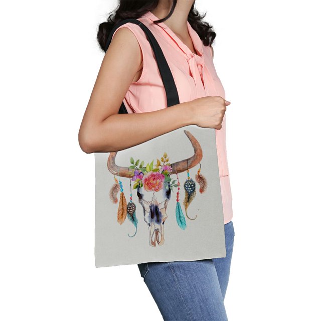 Bolsa de Lona Reutilizable ABPHQTO Acuarela Toro Cráneo Flores Plumas 36x41 cm